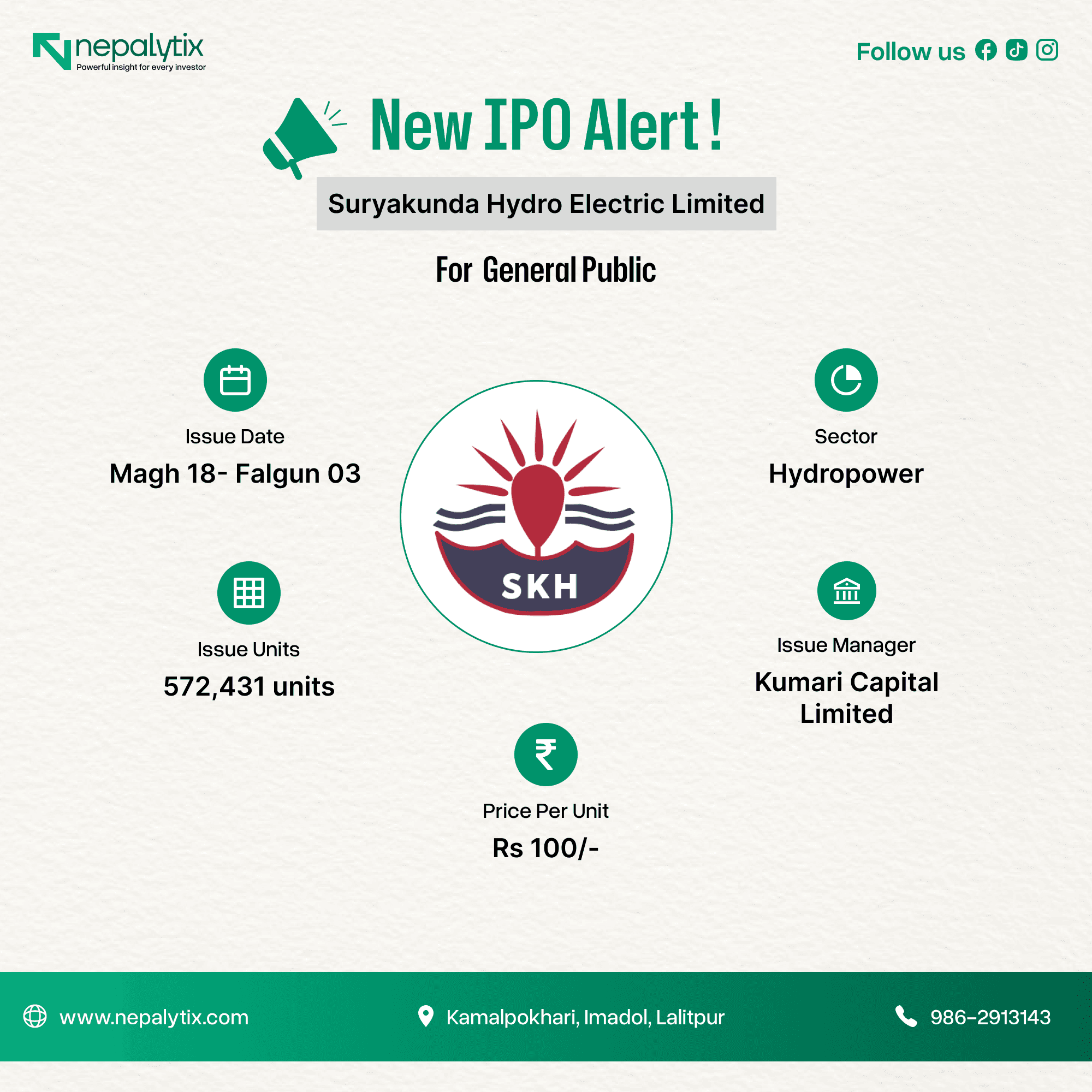 Suryakunda Hydro Electric to Issue 572,431 IPO Shares for General Public from Magh 18